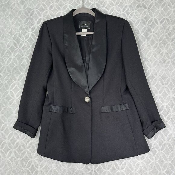Vtg Tuxedo Blazer Women 6 Small Black Satin Shawl Collar Rhinestone 1 Button 80s - Picture 1 of 12